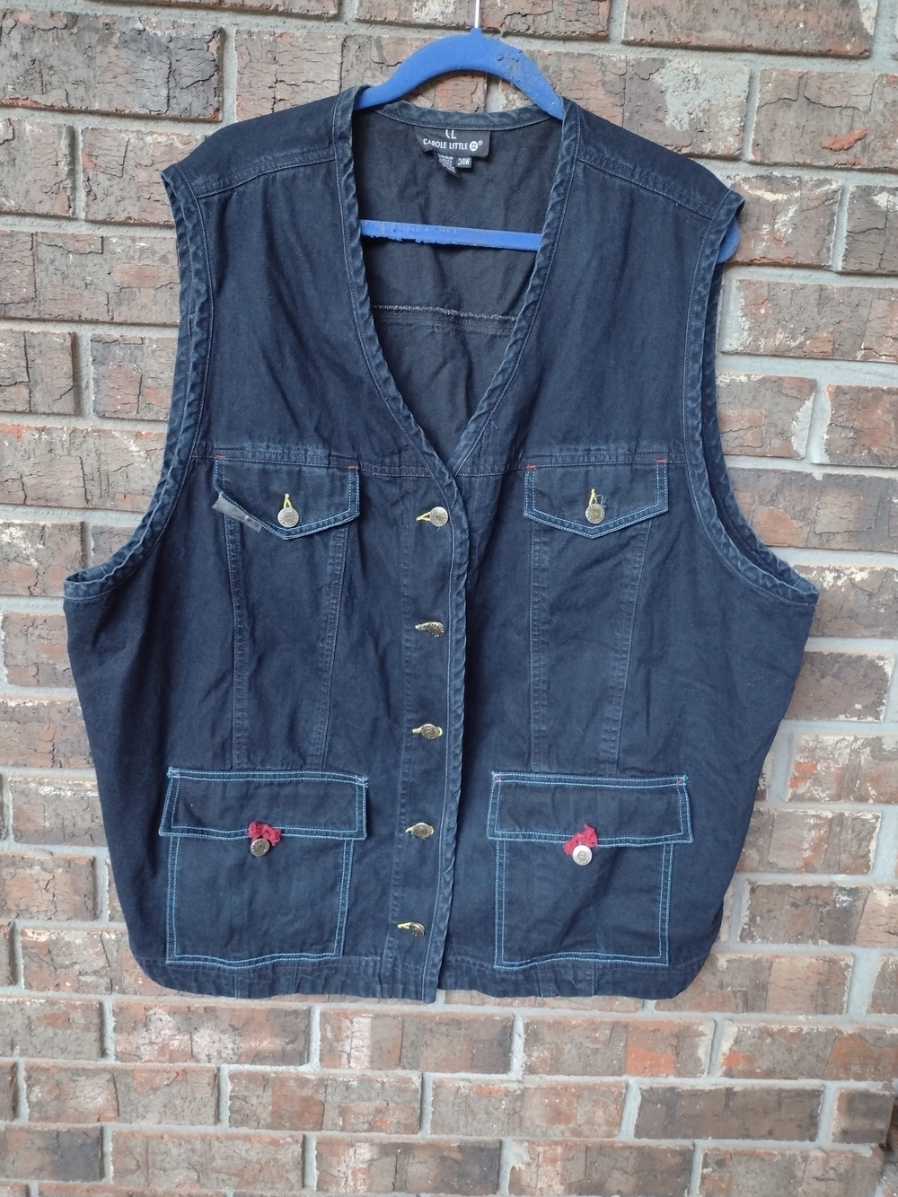 Vintage Carole Little Blue Denim Vest Womens 24W Flap Chest Pockets Western Boho